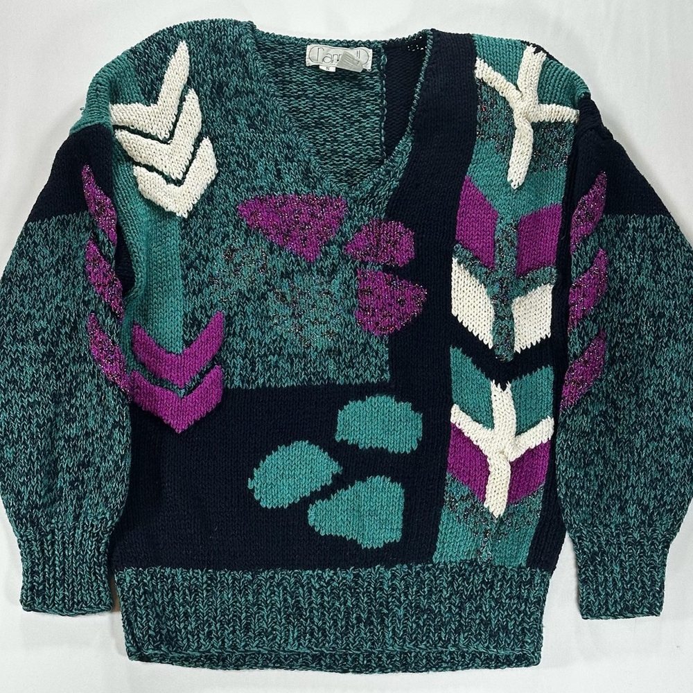Hand Knit 80s Vintage Abstract Geometric Sweater Teal Purple Small Retro Style